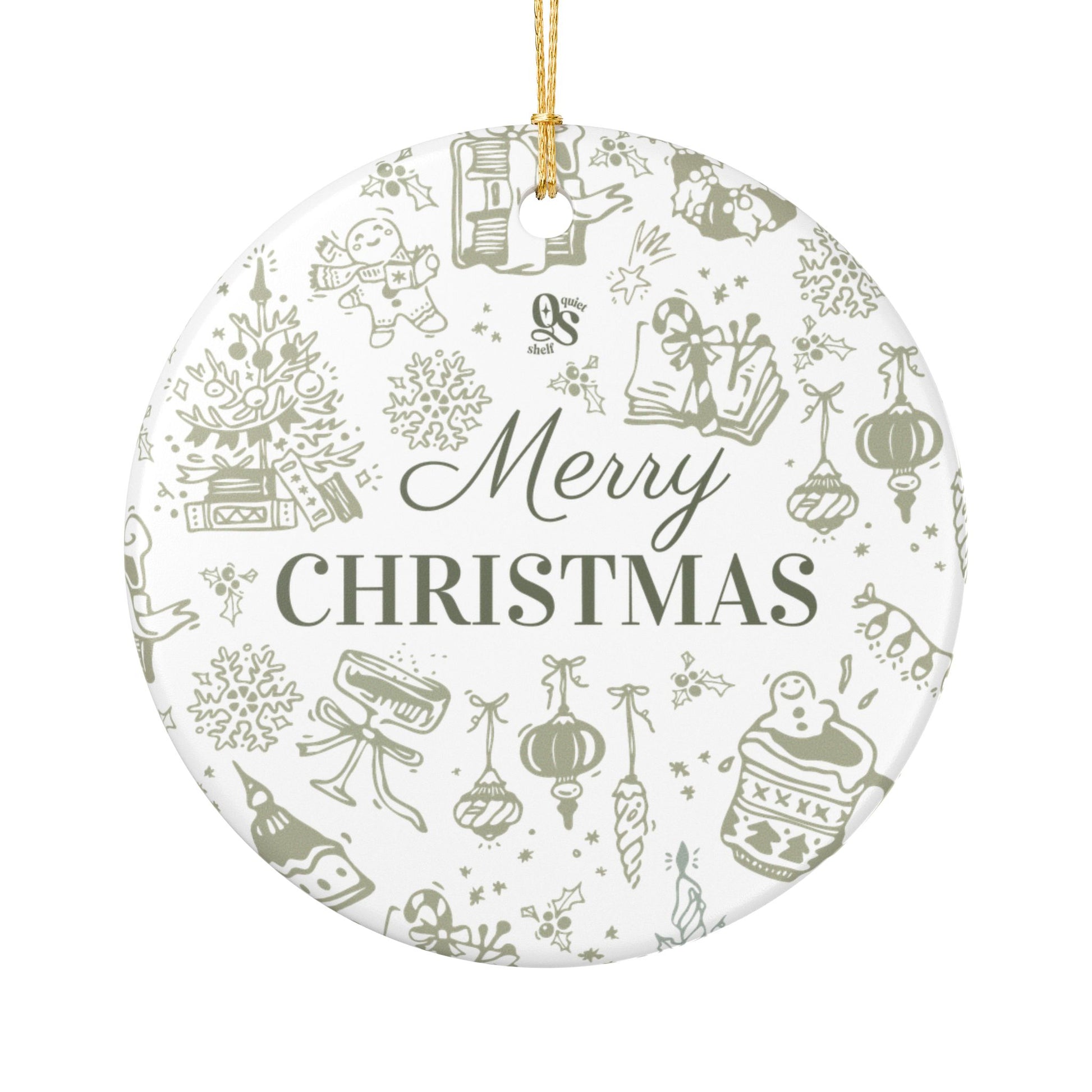 Round Christmas ornament with 'Merry Christmas' text and festive illustrations on a white background