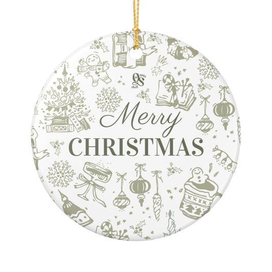 Round Christmas ornament with 'Merry Christmas' text and festive illustrations on a white background