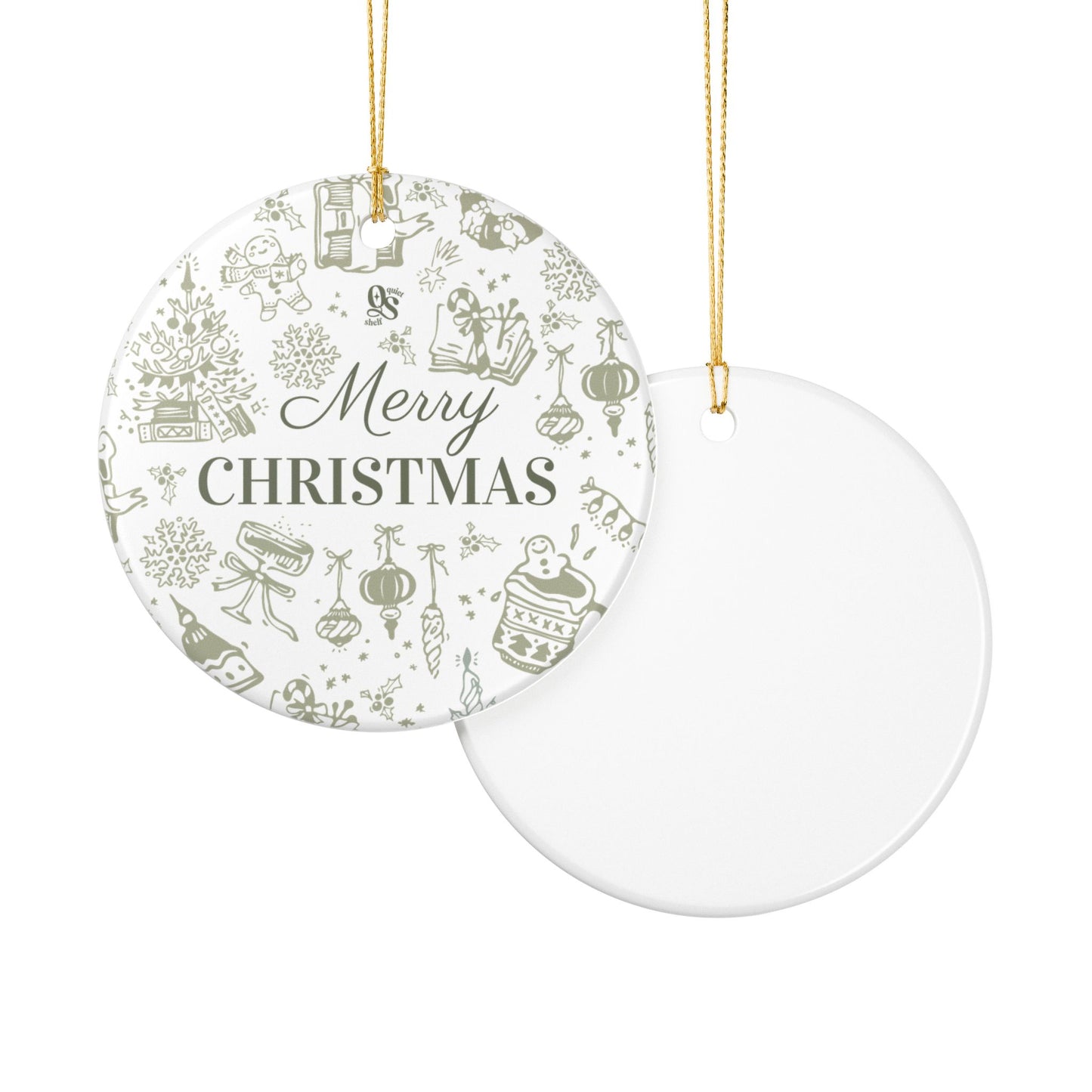 Round Christmas ornament with 'Merry Christmas' text and festive illustrations on a white background.