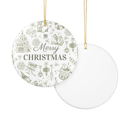 Round Christmas ornament with 'Merry Christmas' text and festive illustrations on a white background.
