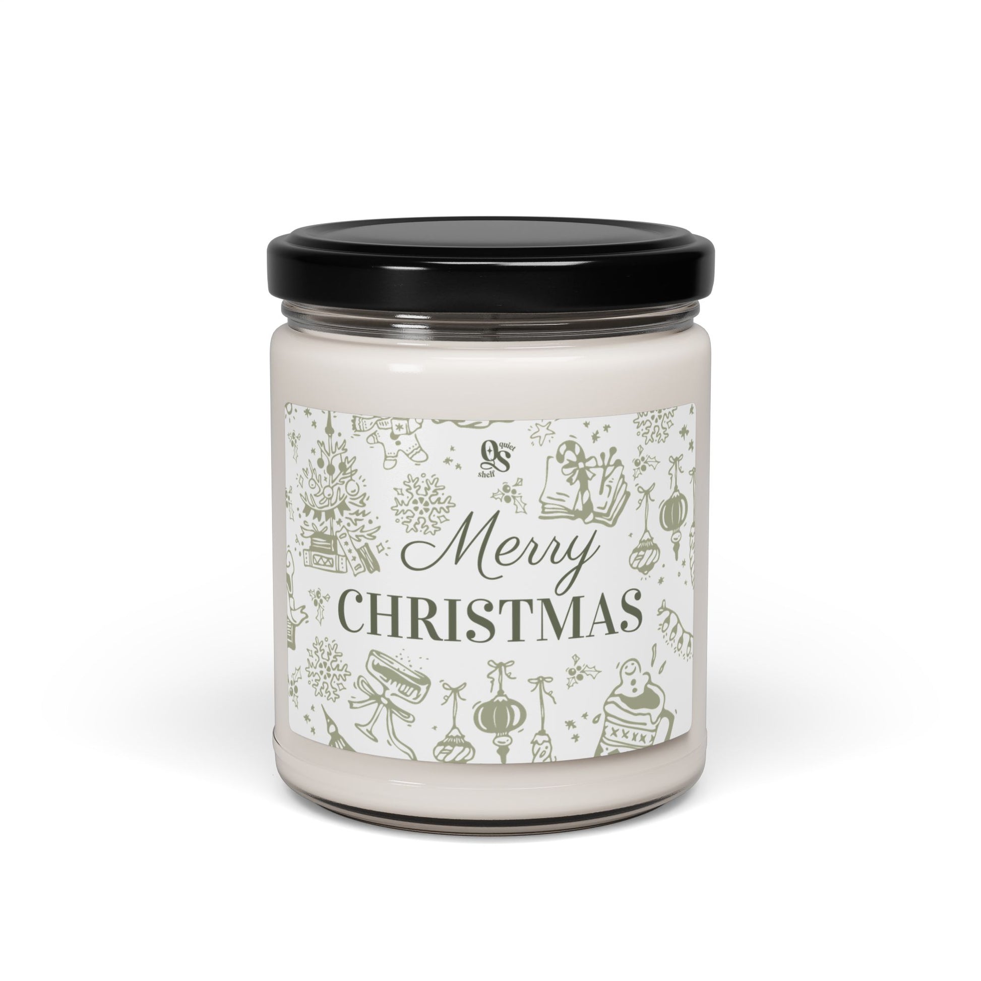 Candle jar with a 'Merry Christmas' label on a white background