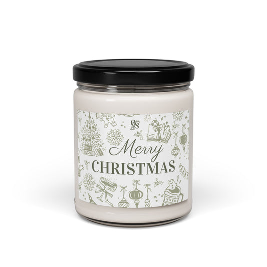 Candle jar with a 'Merry Christmas' label on a white background