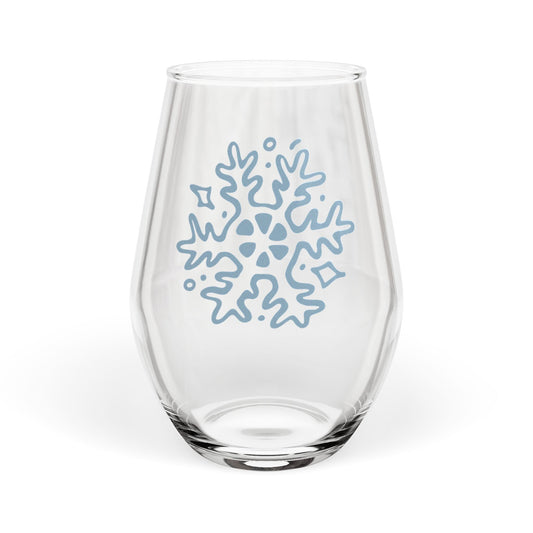 Clear glass with a blue snowflake design on a white background
