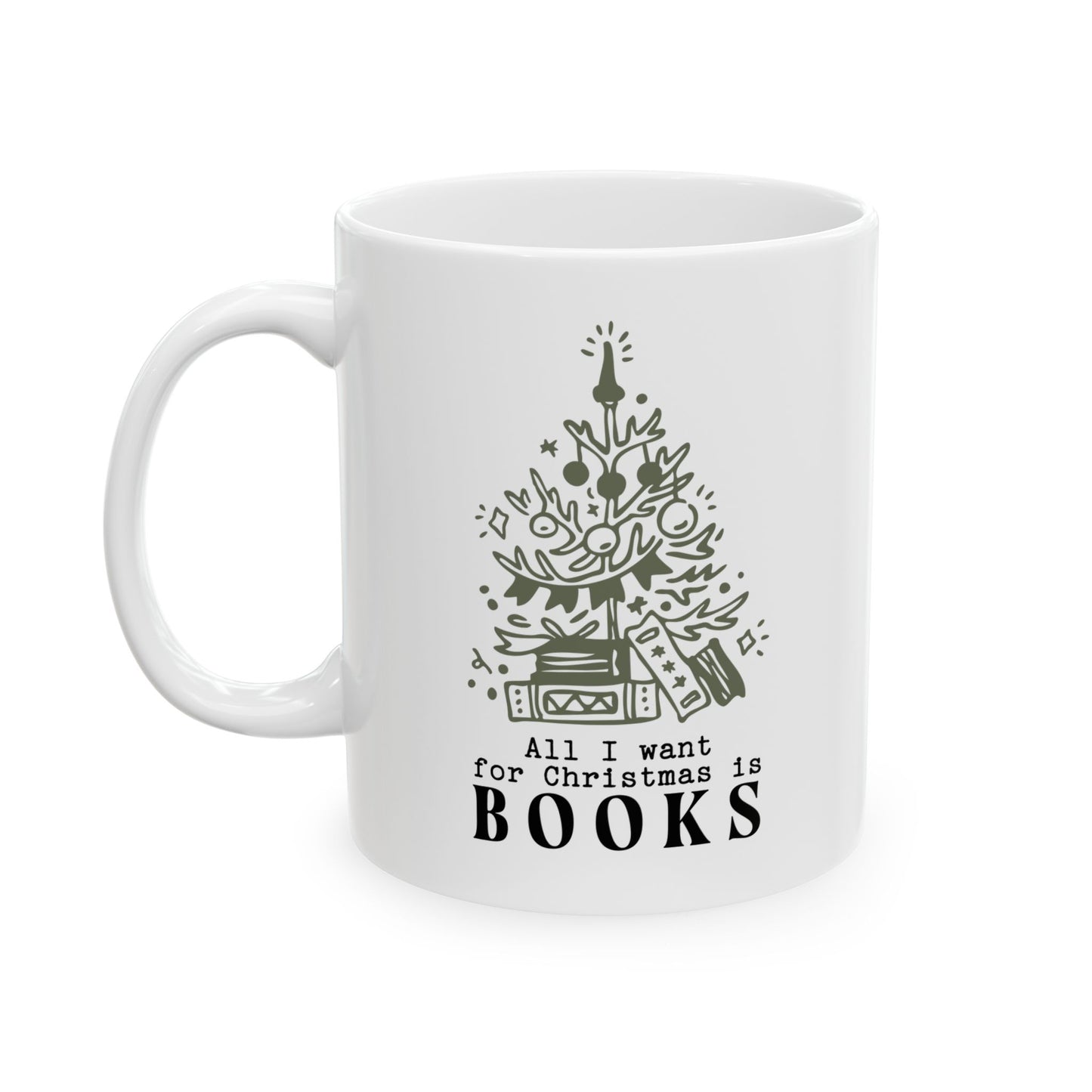White mug with a Christmas tree and book-themed design on a white background
