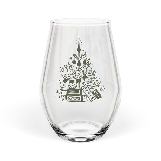 Clear glass with a black Christmas tree design on a white background