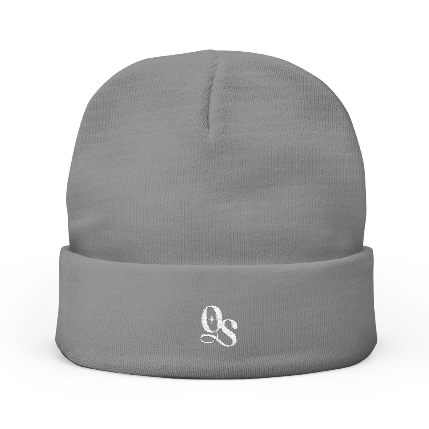 A gray cuffed beanie with The Quiet Shelf's 'QS' monogram in embroidery on the front.