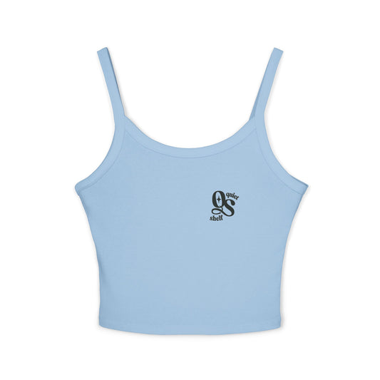 A blue spaghetti strap tank top with The Quiet Shelf's 'QS' monogram on the left chest area.