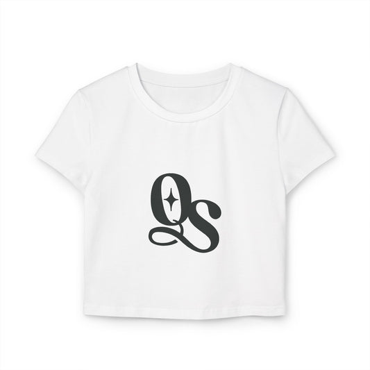 A white cropped tee with a classic monogram 'QS' logo in black.