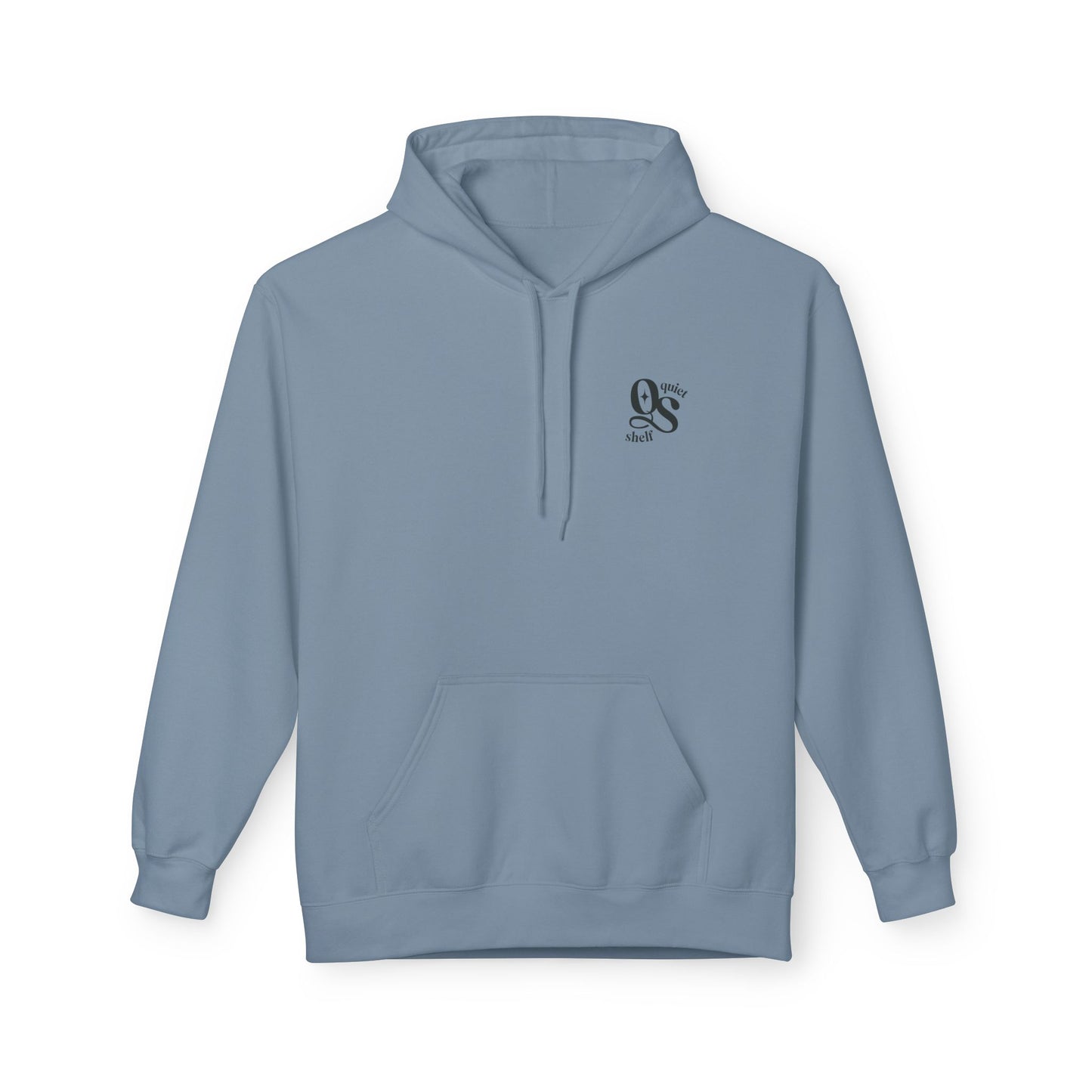 A blue hoodie with a front pouch pocket and a subtle monogram logo on the upper left chest area.