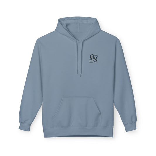 A blue hoodie with a front pouch pocket and a subtle monogram logo on the upper left chest area.