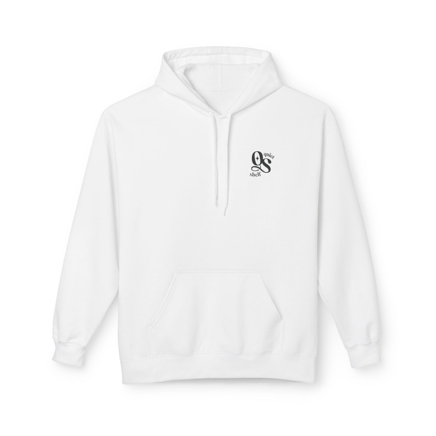 A white hoodie with a front pouch pocket and a subtle monogram logo on the upper left chest area.