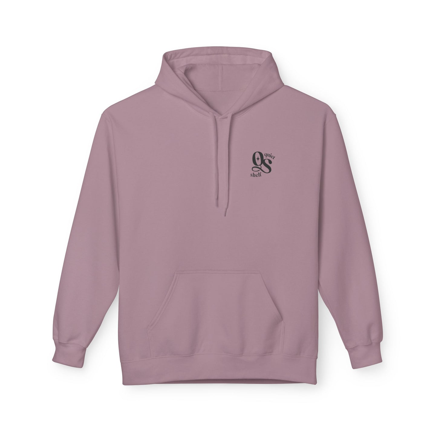 A pink hoodie with a front pouch pocket and a subtle monogram logo on the upper left chest area.