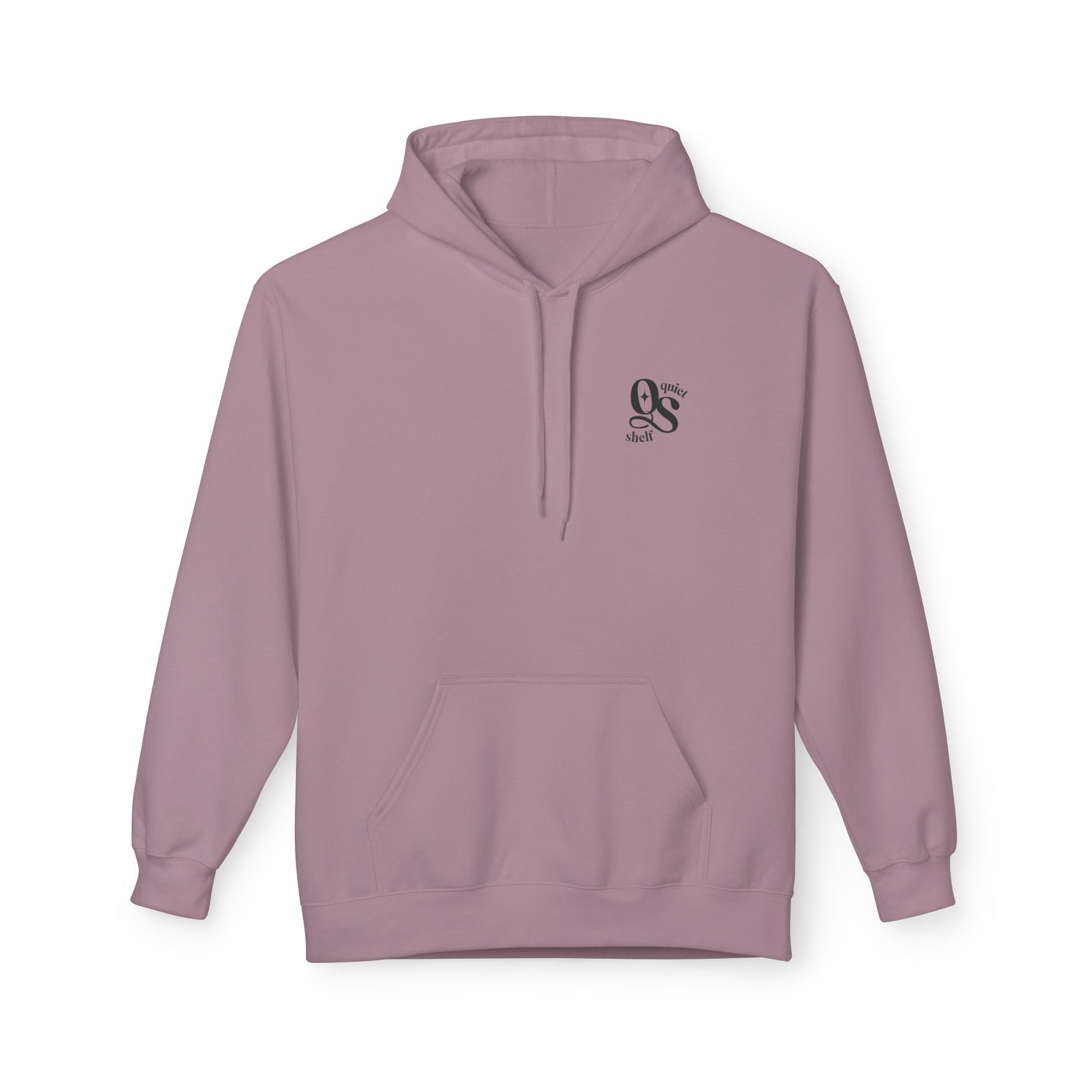 A pink hoodie with a front pouch pocket and a subtle monogram logo on the upper left chest area.
