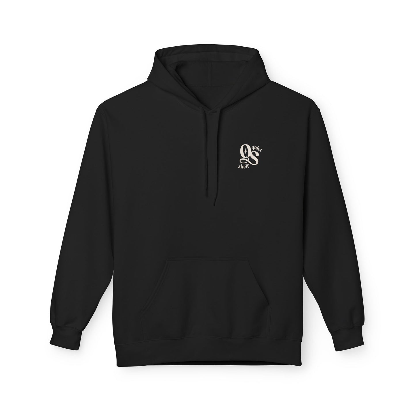 A black hoodie with a front pouch pocket and a subtle monogram logo on the upper left chest area.
