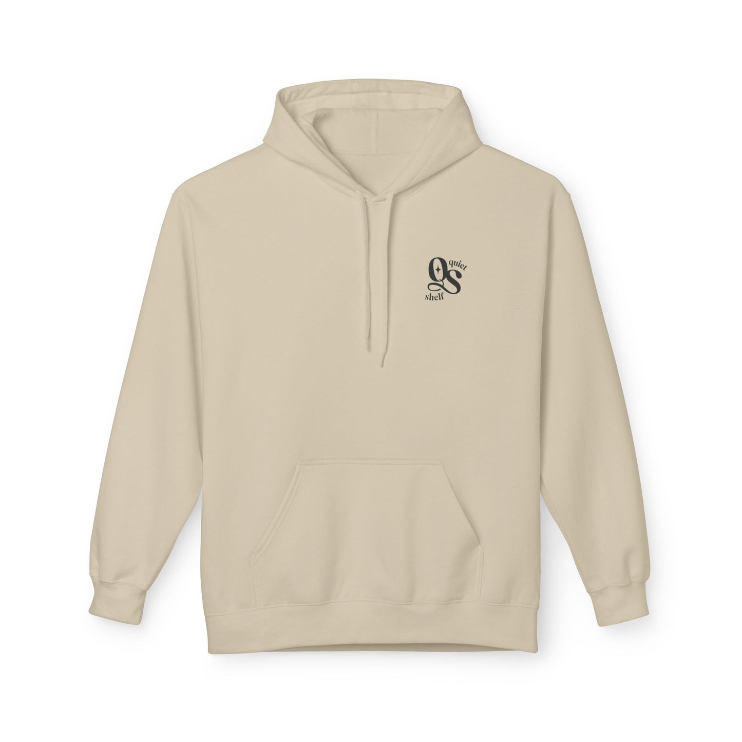 A beige hoodie with a front pouch pocket and a subtle monogram logo on the upper left chest area.