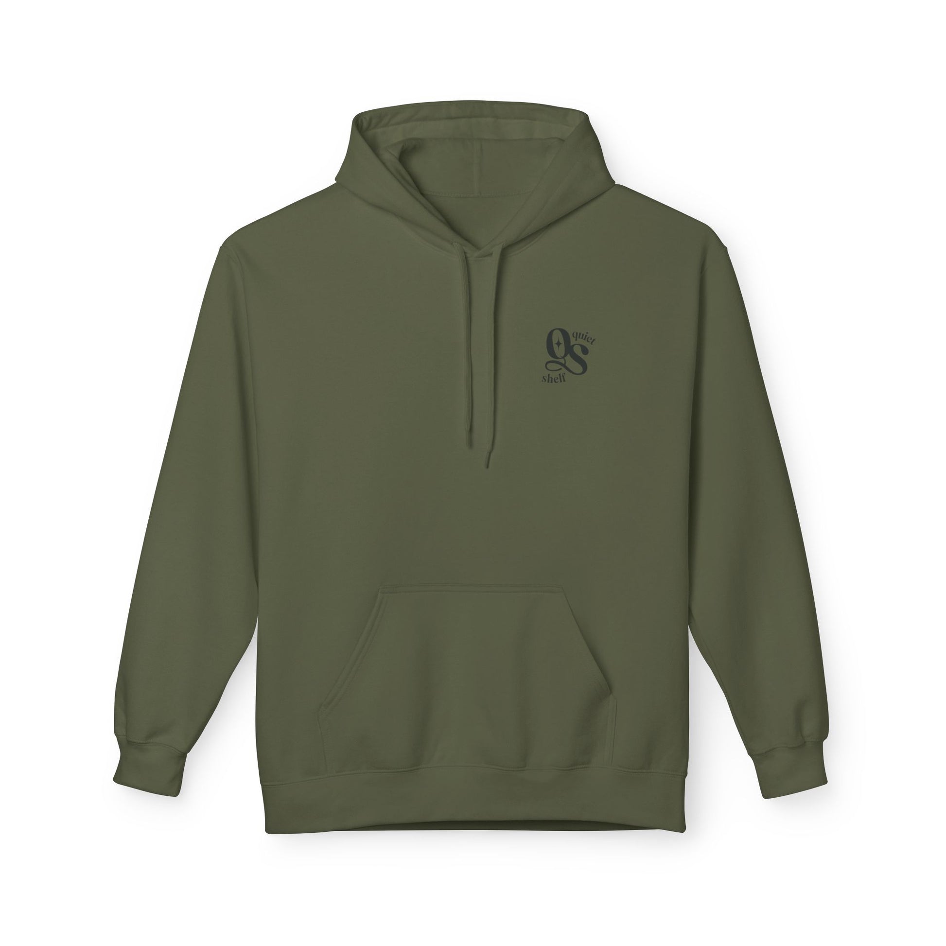 A green hoodie with a front pouch pocket and a subtle monogram logo on the upper left chest area.