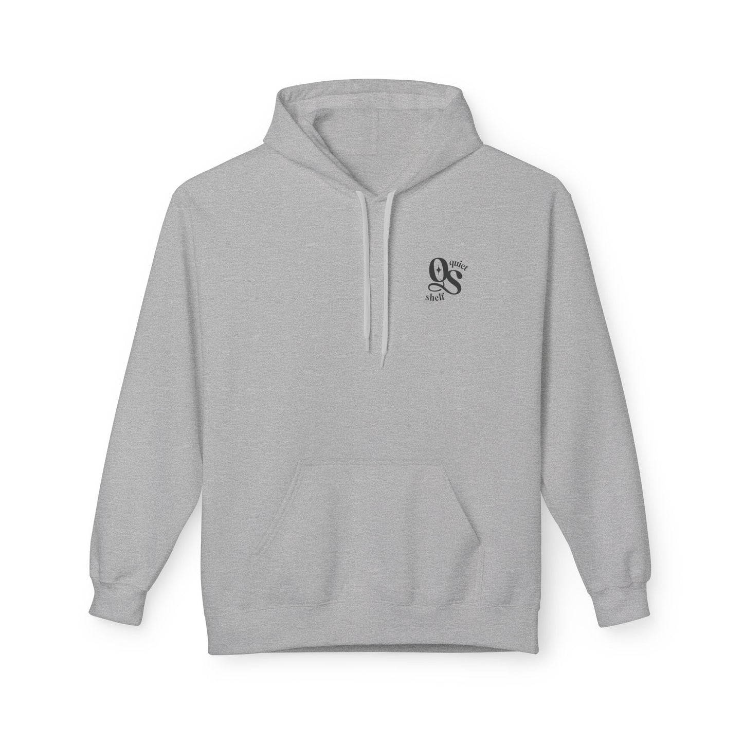 A gray hoodie with a front pouch pocket and a subtle monogram logo on the upper left chest area.