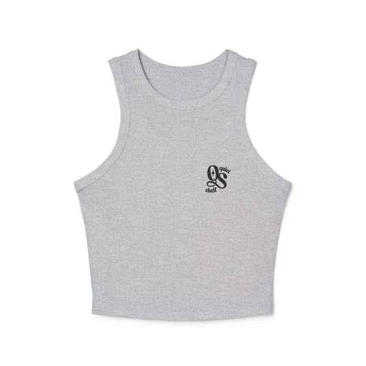 A gray crop top with 'QS' monogram logo in the center, designed with a racerback cut.