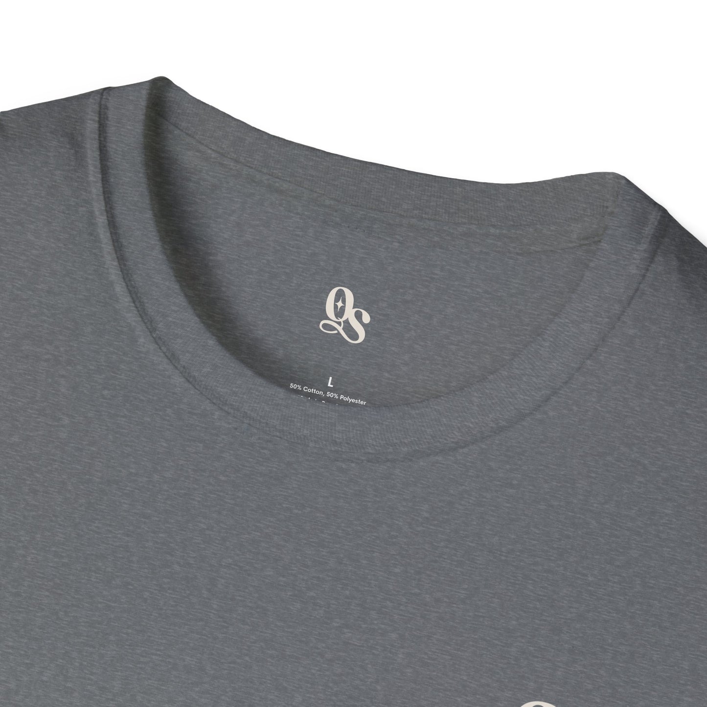 Gray t-shirt with a logo on the collar and brand name below it.