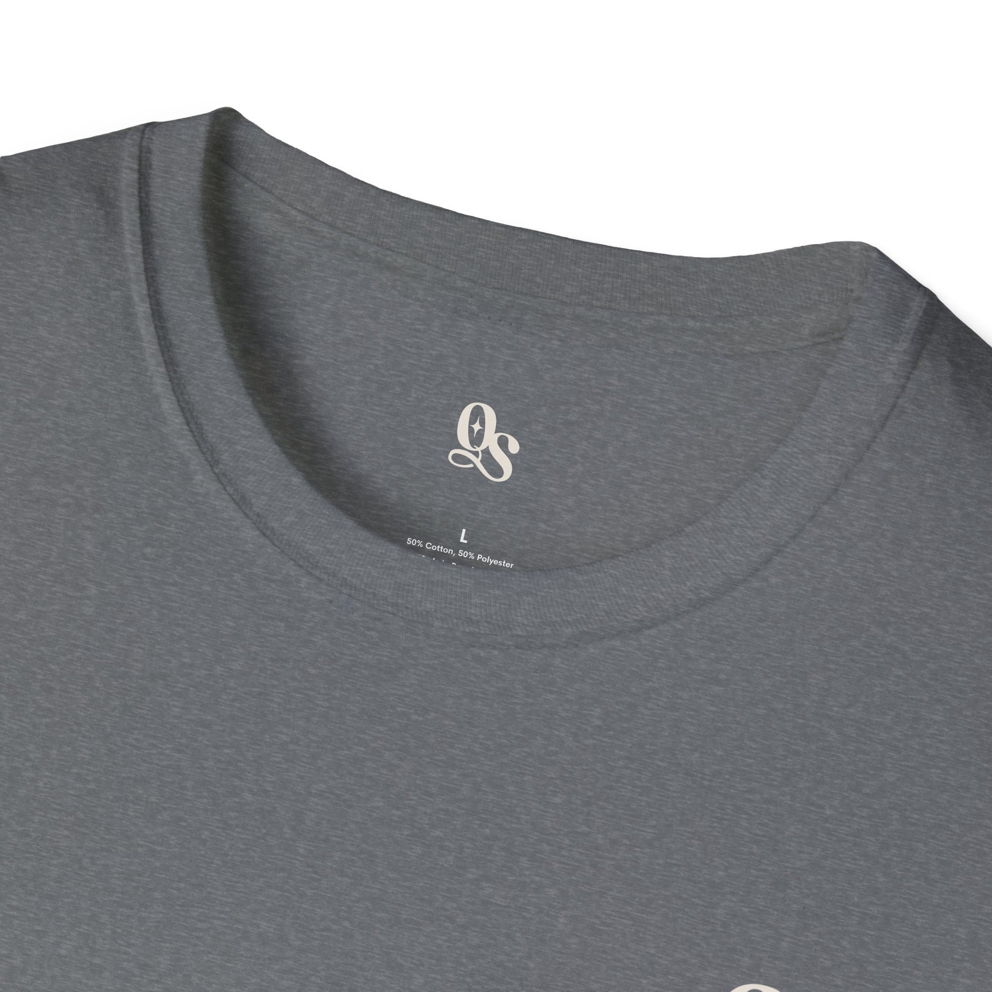 Gray t-shirt with a logo on the collar and brand name below it.