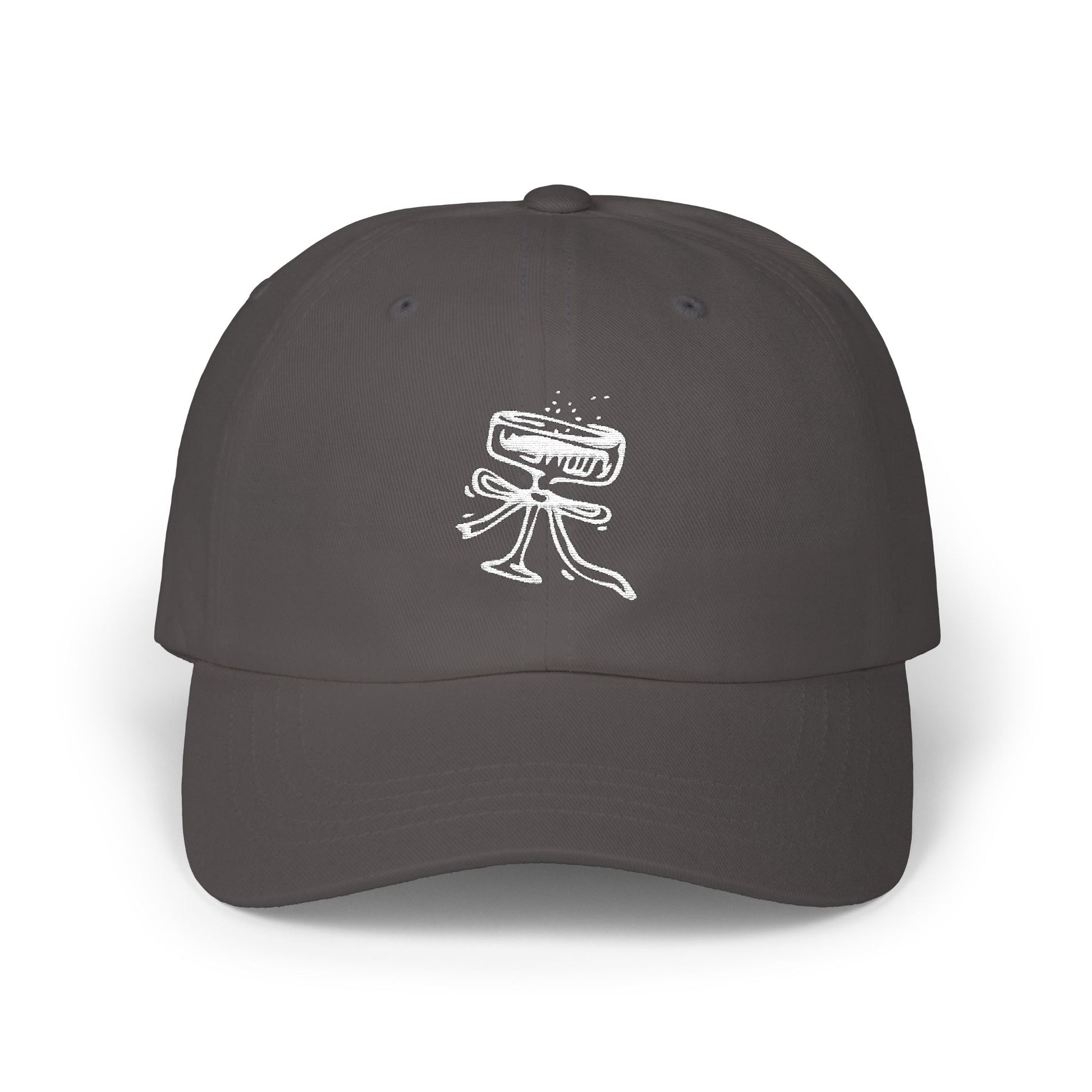 Dark gray cap with a white graphic design on a white background