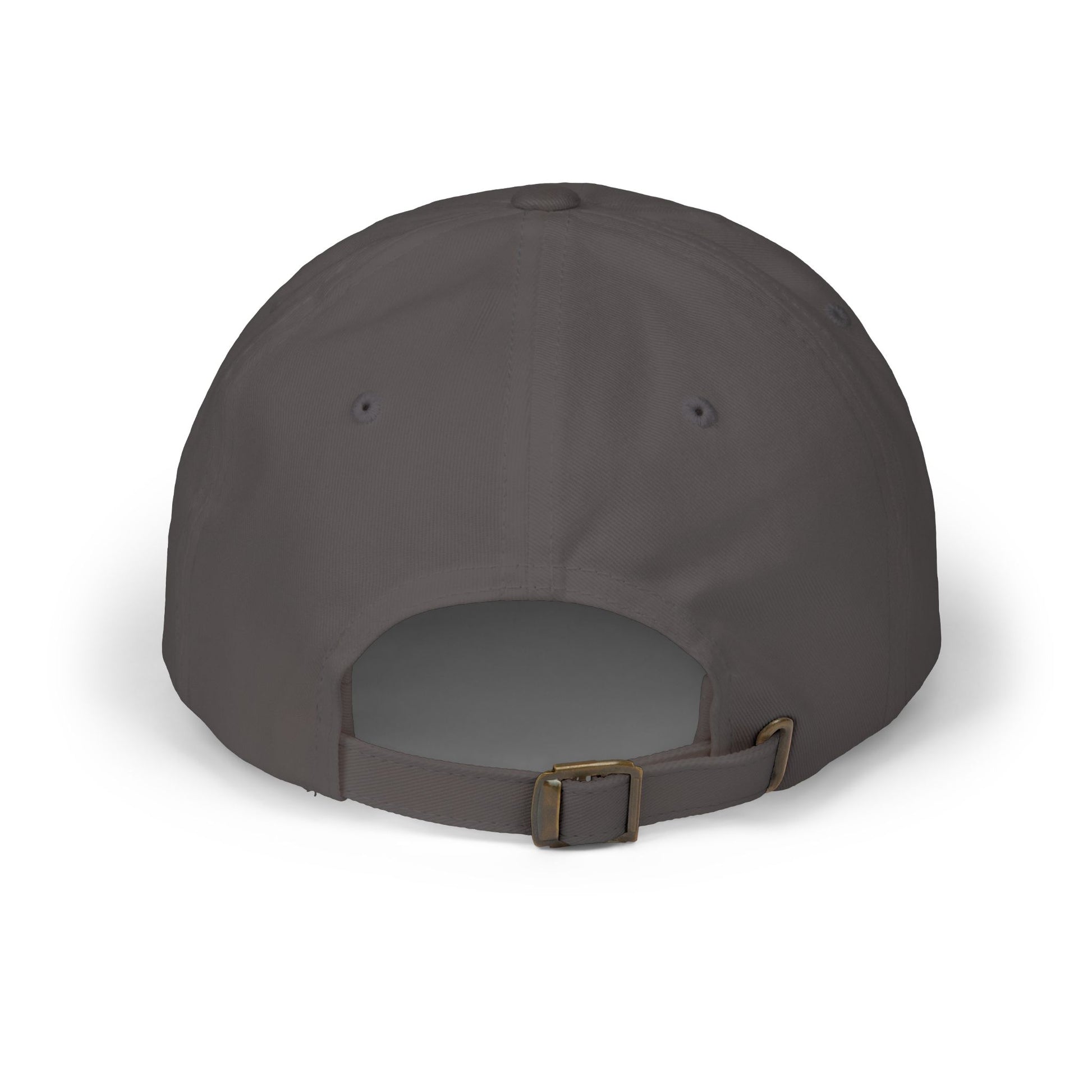 Dark gray cap with a brown strap on a white background