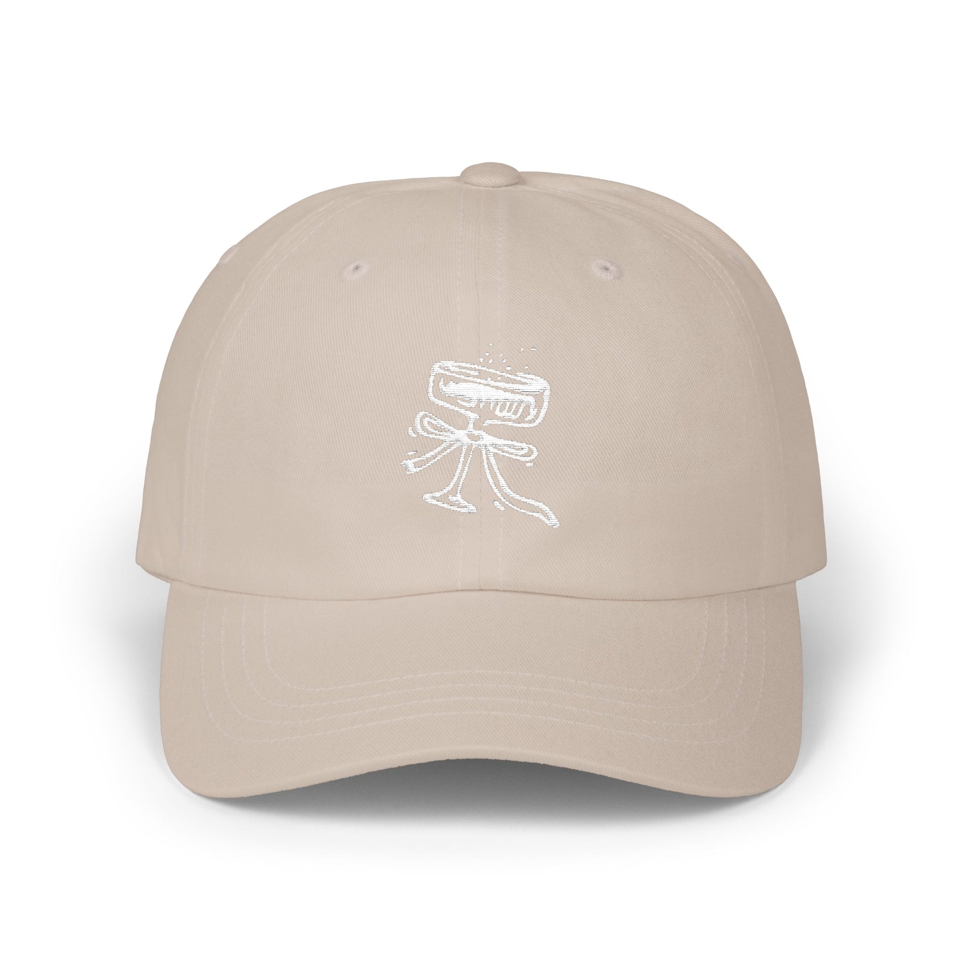 Beige cap with white icon on a white background
