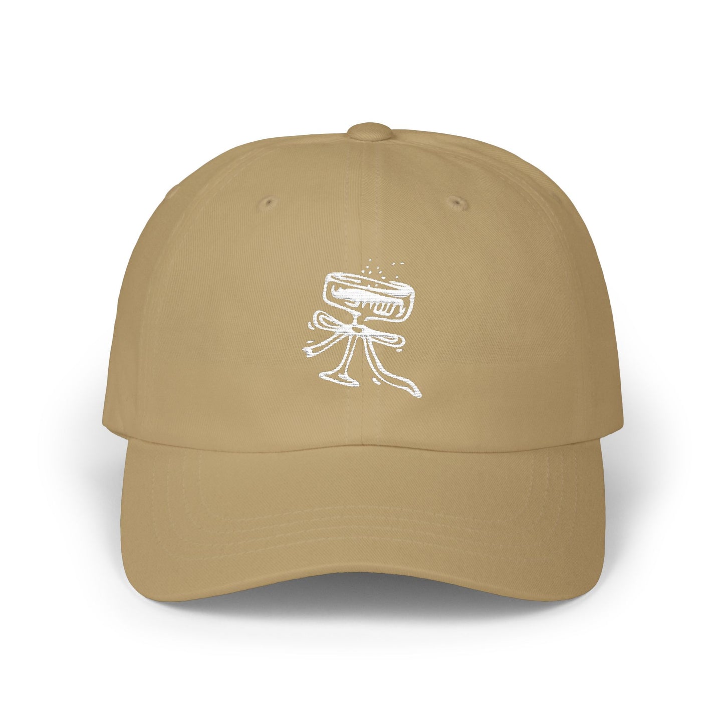 Beige cap with white graphic design on a white background