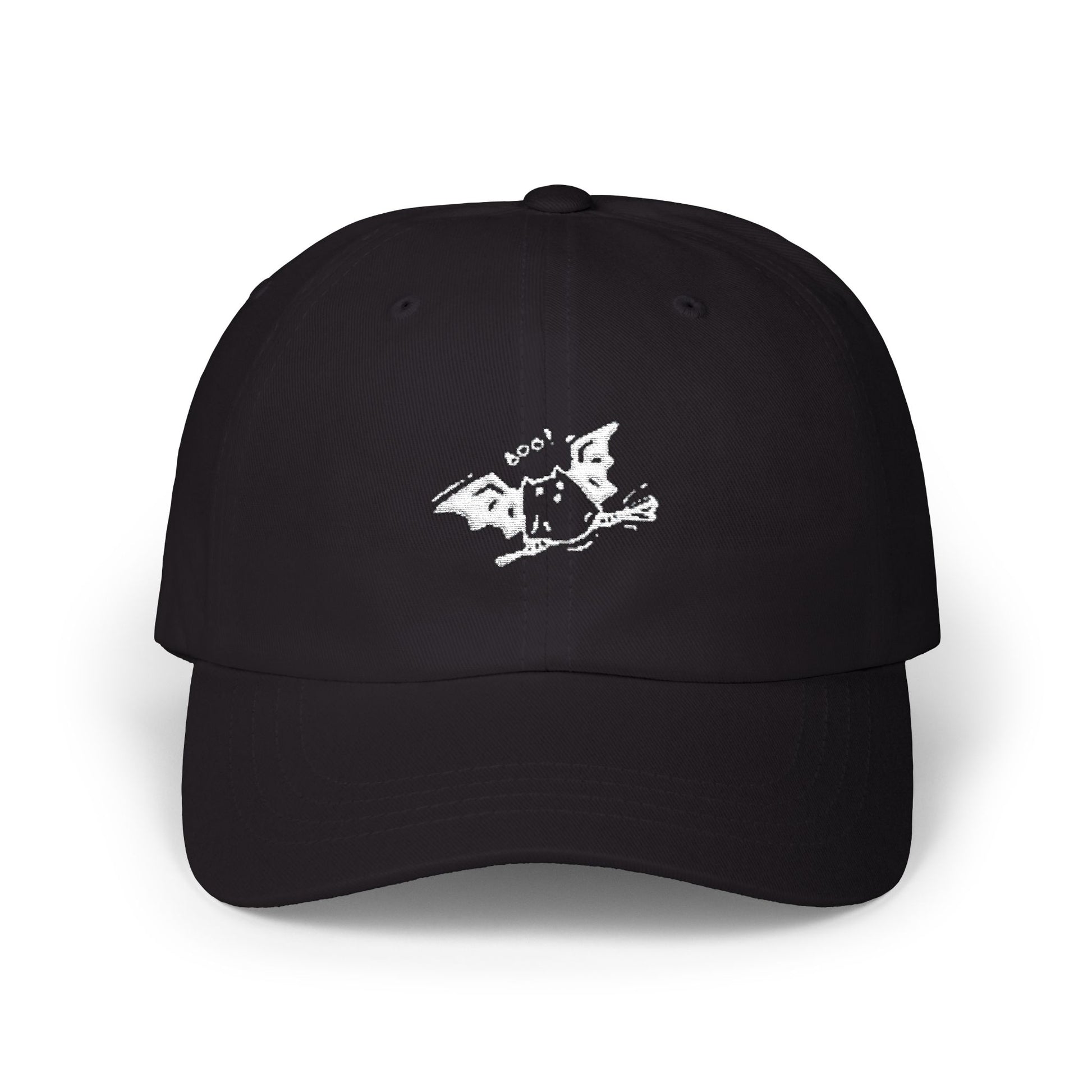 Black cap with a white graphic design on a white background