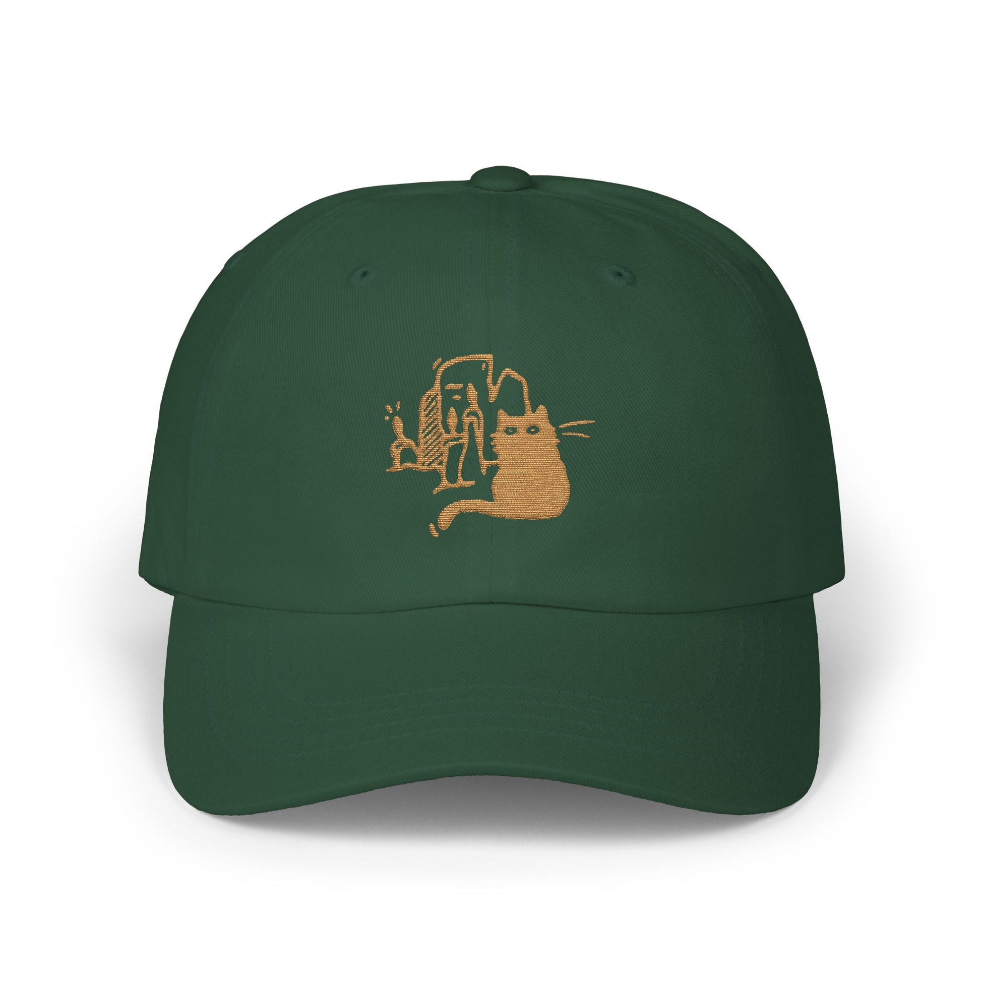 Green cap with a cat and candles design on a white background