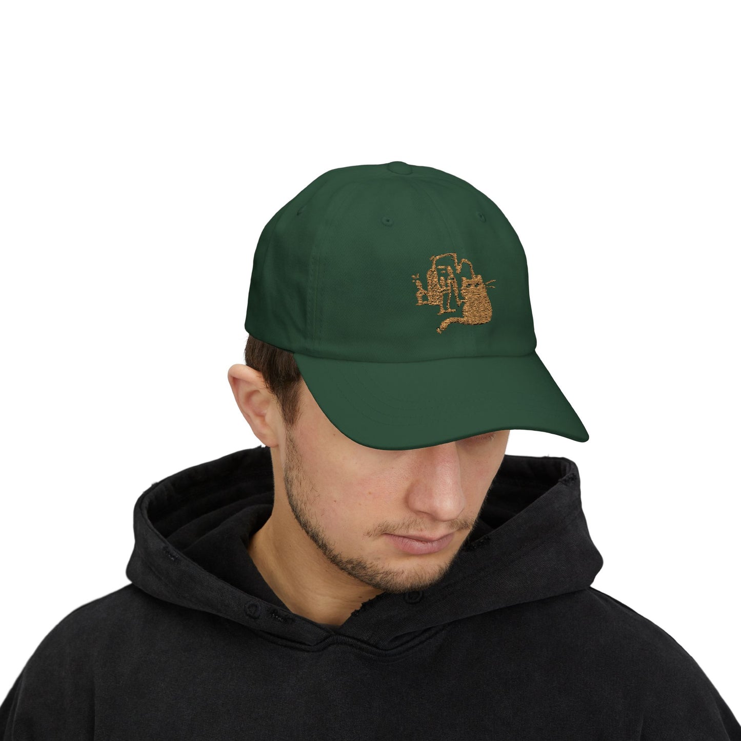 Person wearing a green cap with a logo on a white background