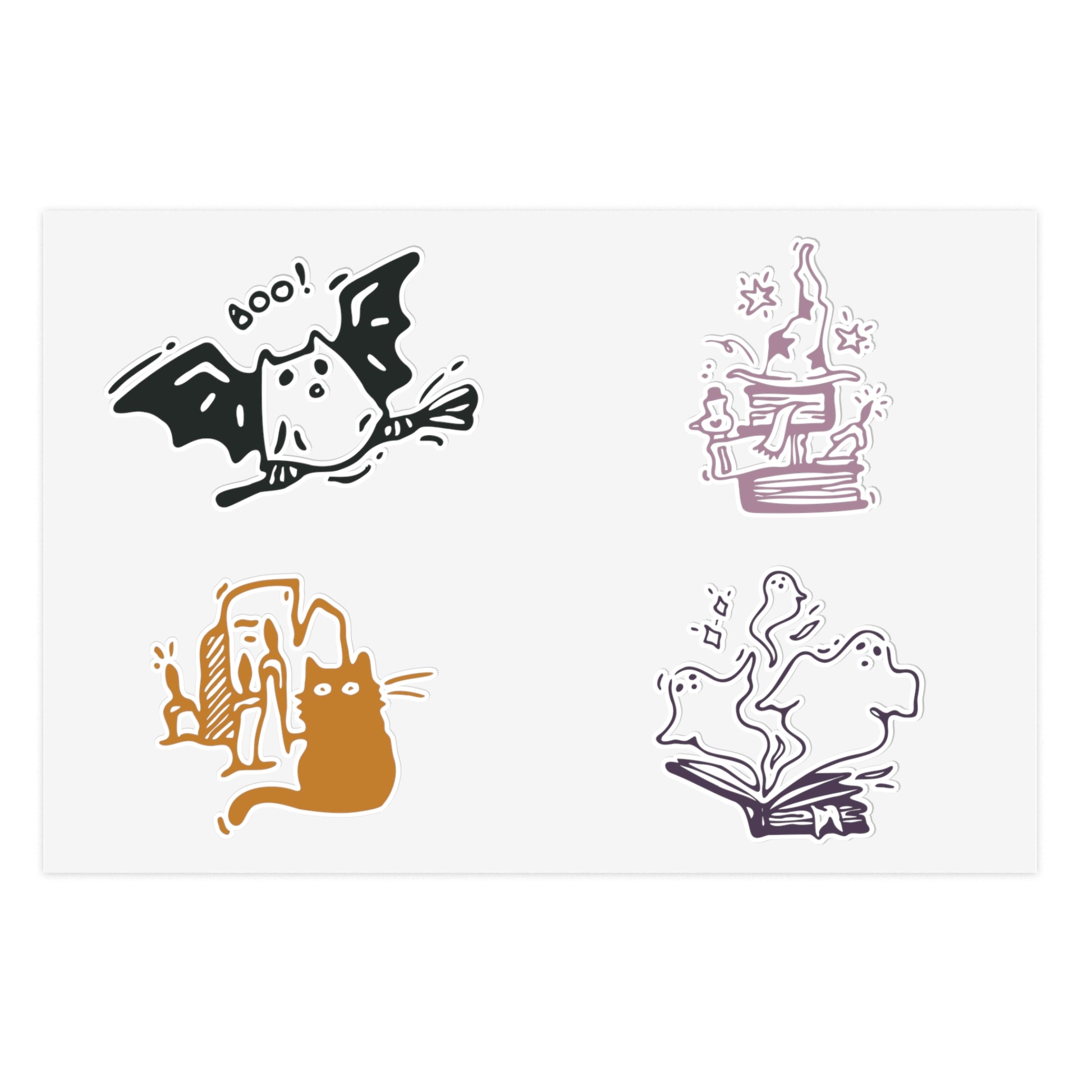 Set of Halloween-themed illustrations including a bat, a cat, a ghost, and a witch's hat on a white background.