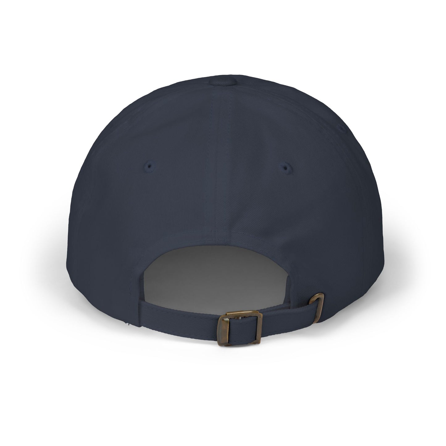 Navy blue cap with a brown buckle on a white background