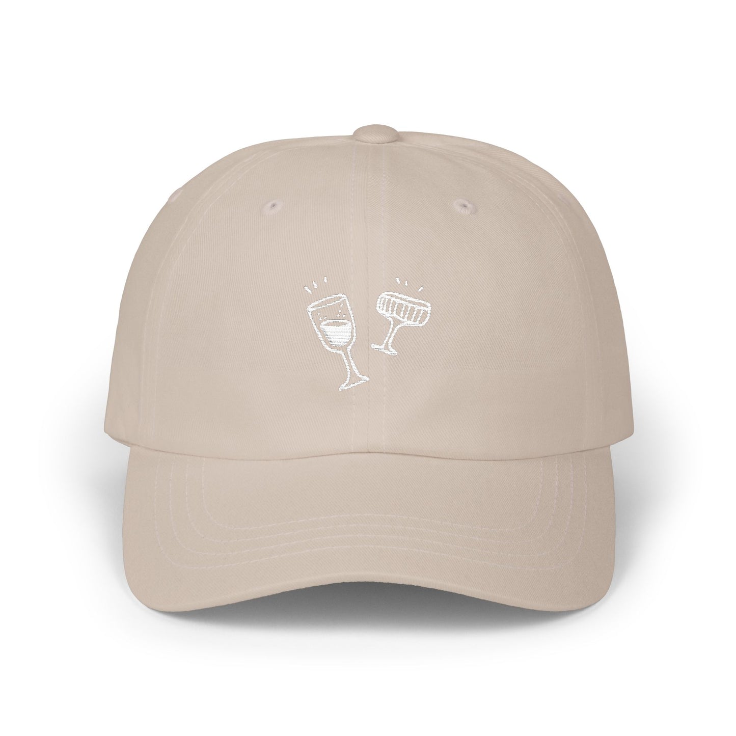 Beige cap with white wine glass design on a white background