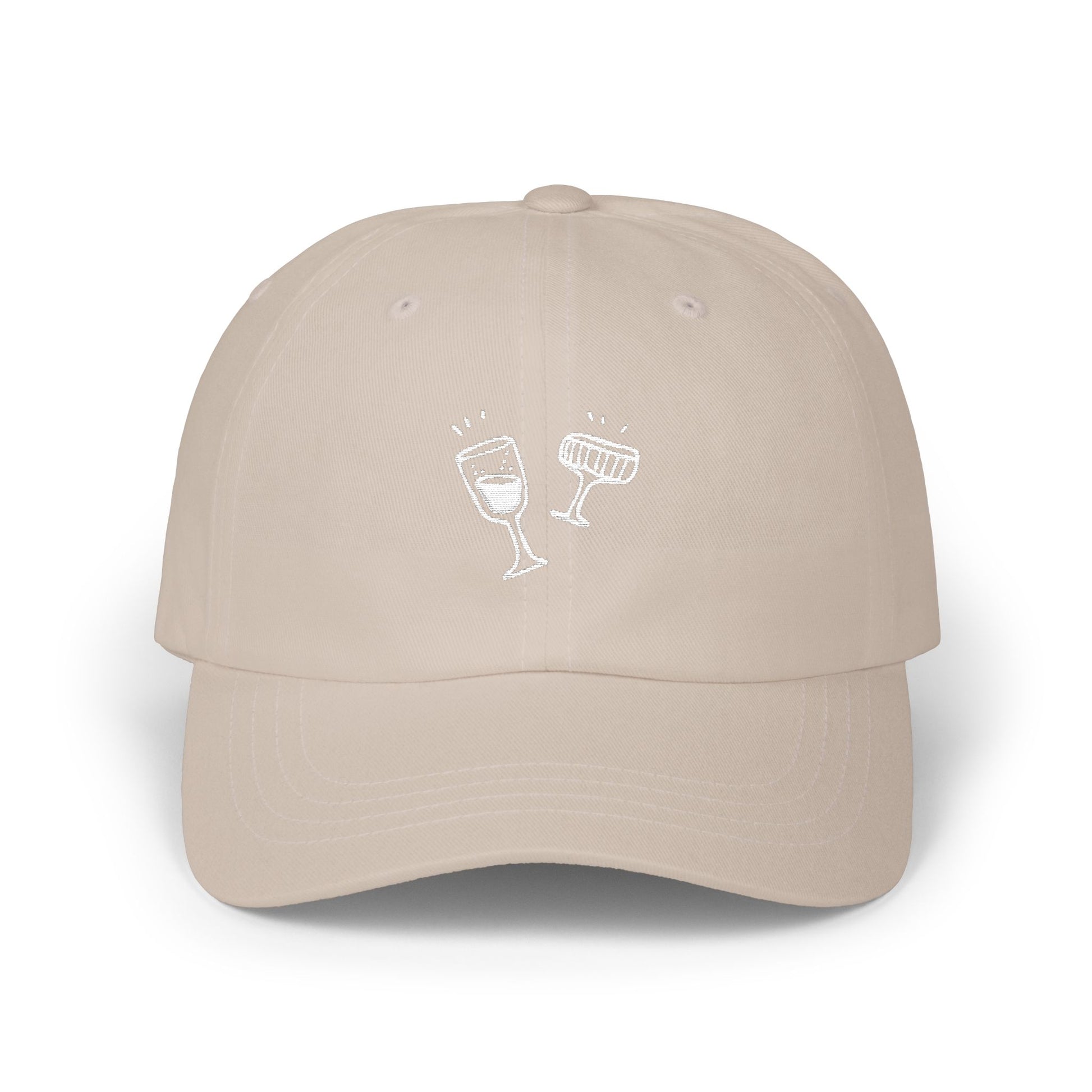Beige cap with white wine glass design on a white background