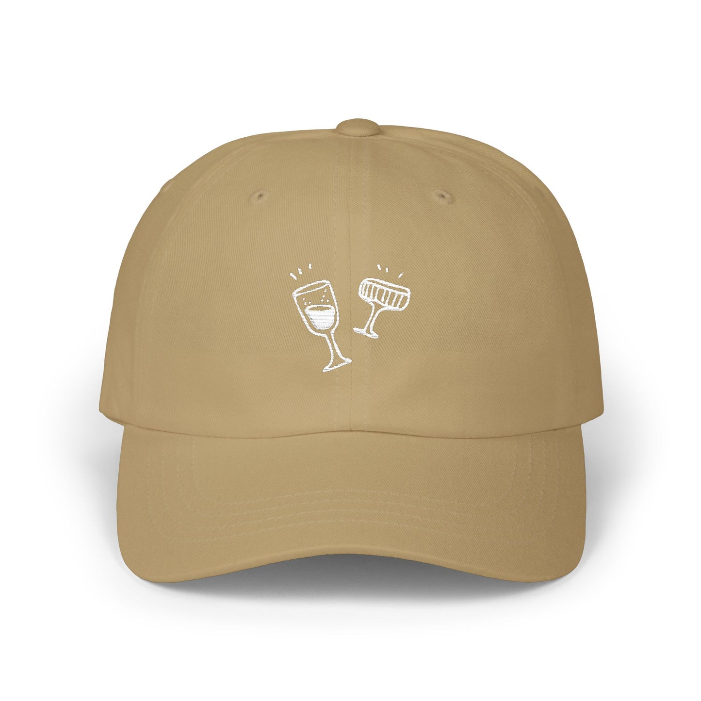 Beige cap with white wine glass design on a white background
