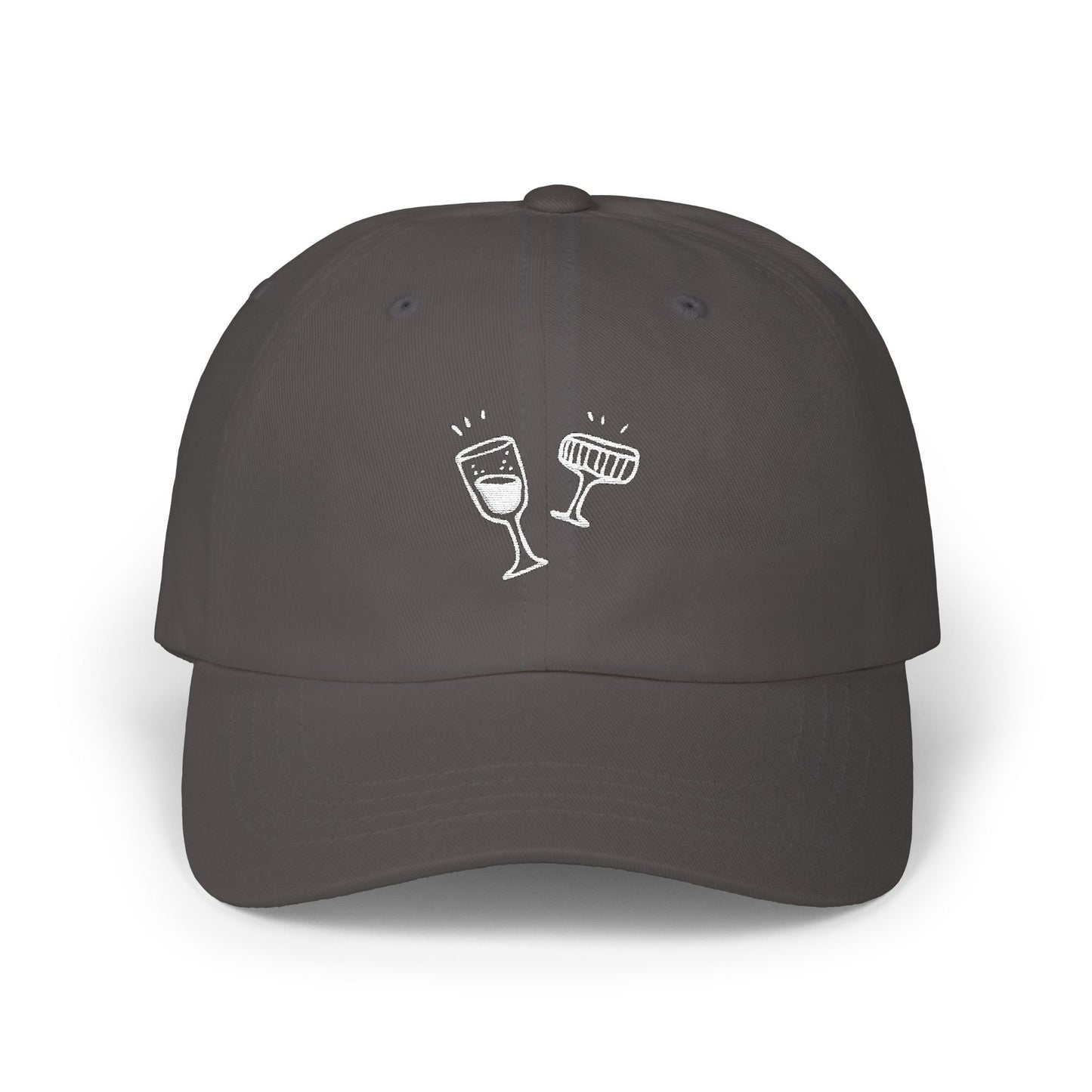 Dark gray cap with white wine glass design on a white background