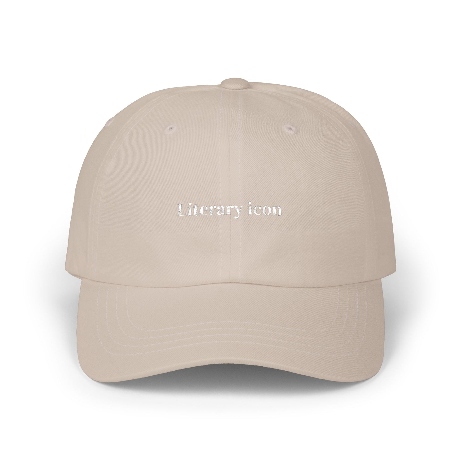 Beige cap with 'Literary icon' text on a white background