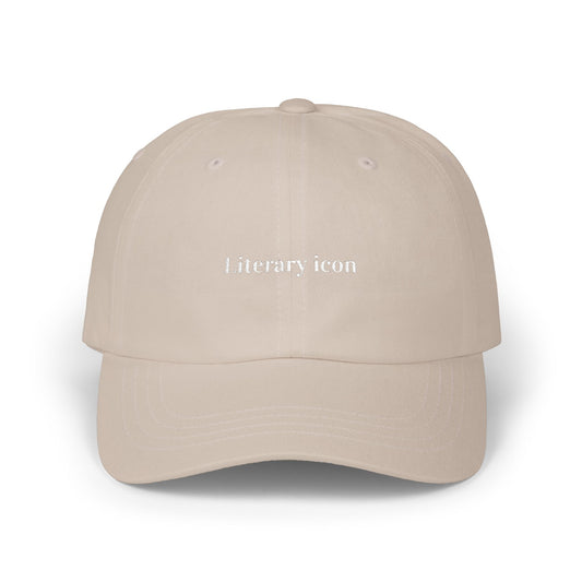 Beige cap with 'Literary icon' text on a white background