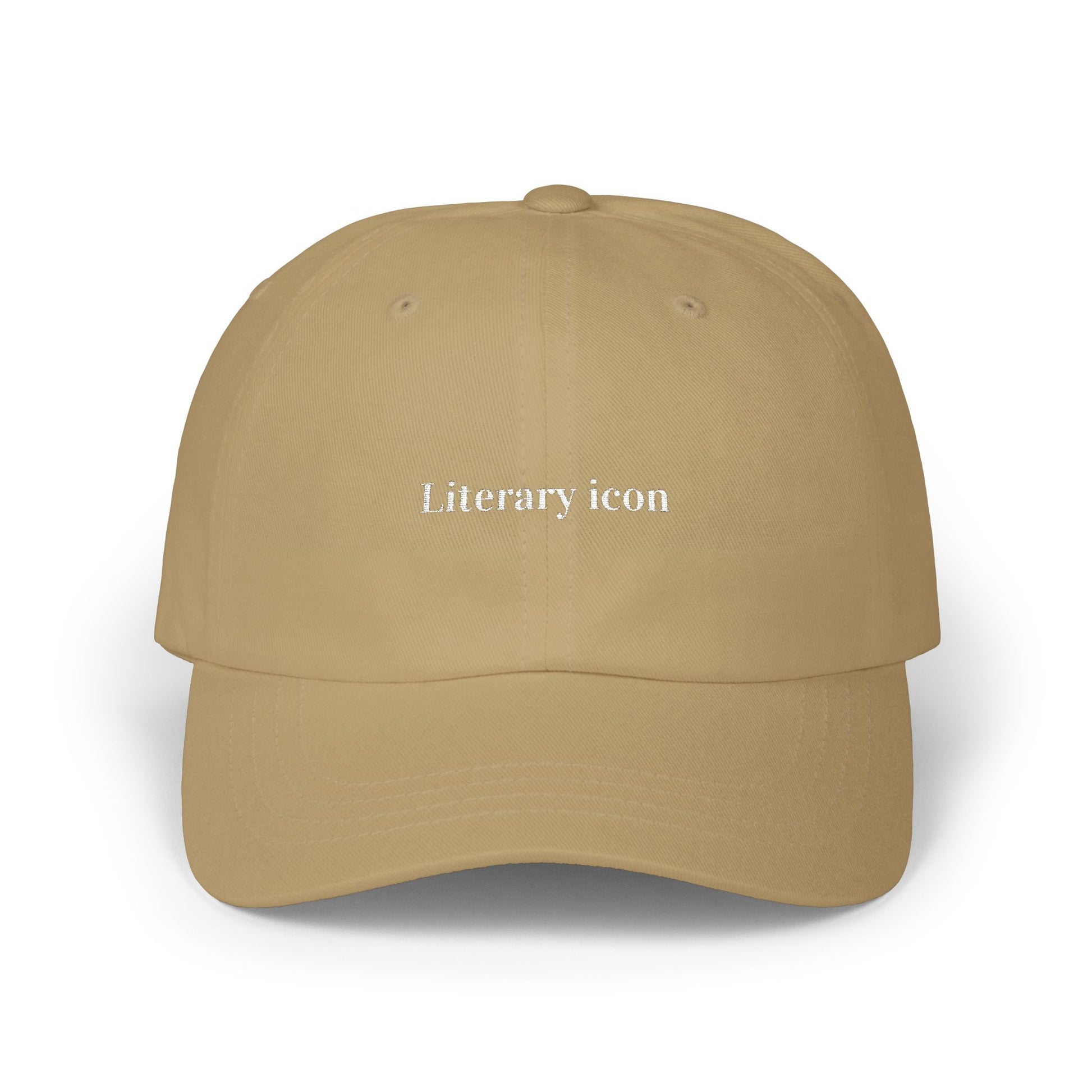 Beige cap with 'Literary icon' text on a white background