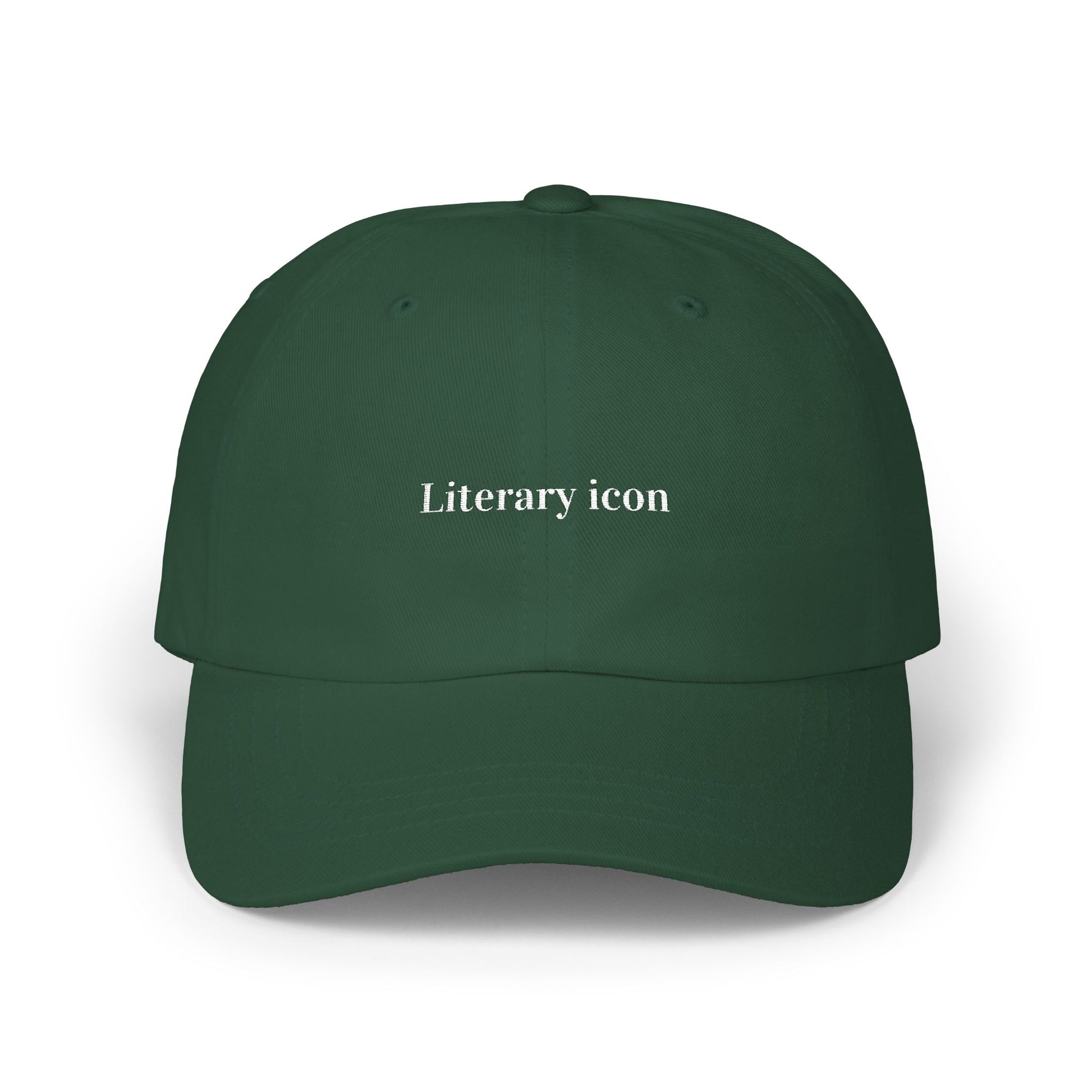 Green cap with 'Literary icon' text on a white background