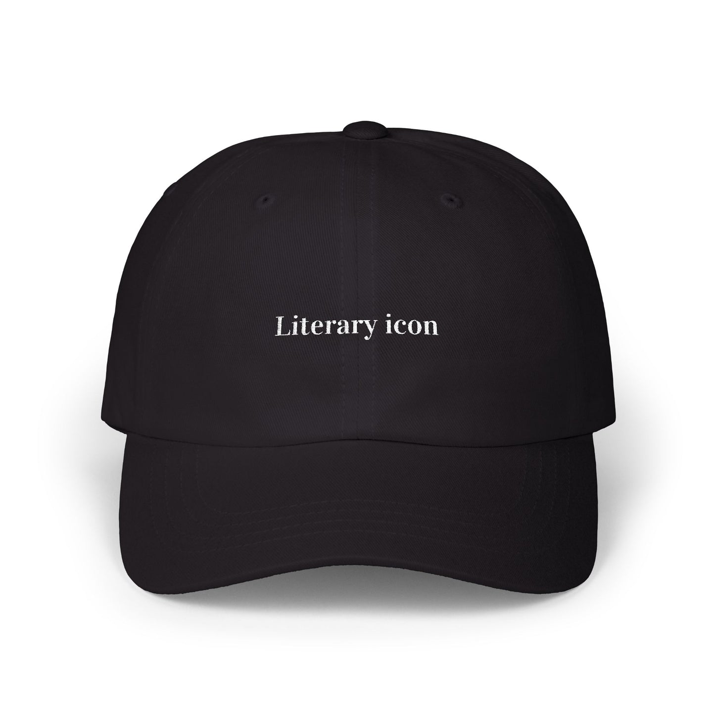 Black cap with 'Literary icon' text on a white background