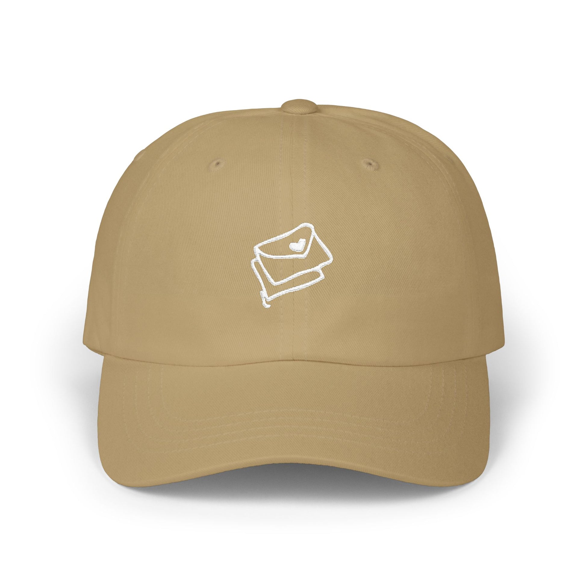 Beige cap with a white icon on a white background