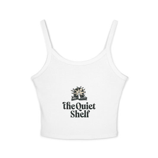 A white, sleeveless, cropped tank top with 'The Quiet Shelf' logo printed in the center.