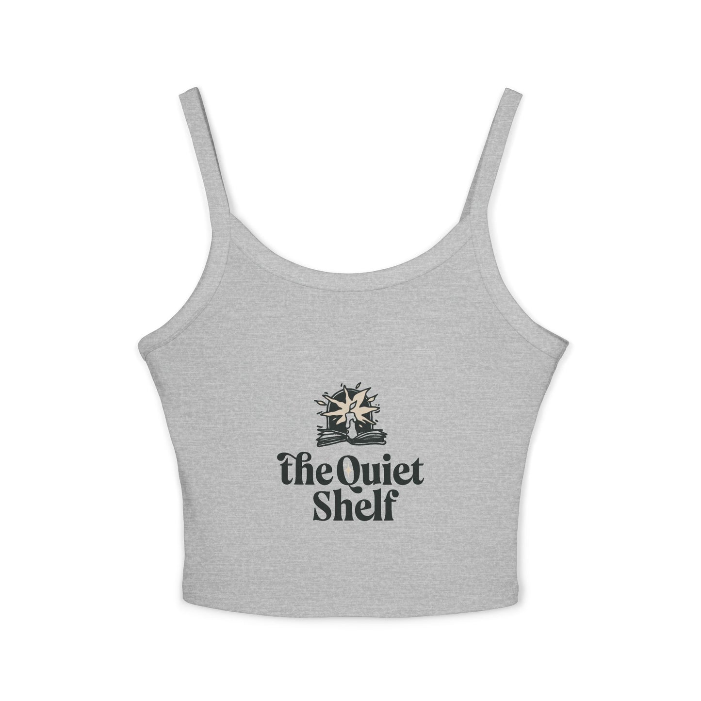 A gray, sleeveless, cropped tank top with 'The Quiet Shelf' logo printed in the center.