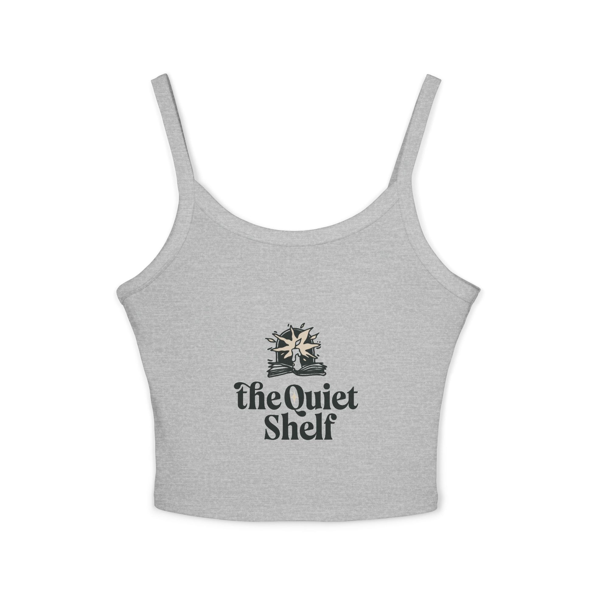 A gray, sleeveless, cropped tank top with 'The Quiet Shelf' logo printed in the center.