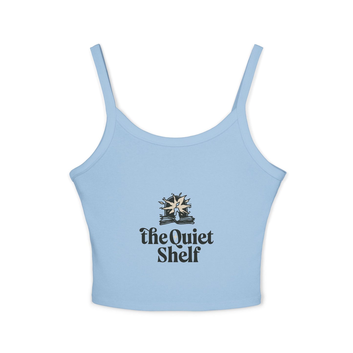 A blue, sleeveless, cropped tank top with 'The Quiet Shelf' logo printed in the center.