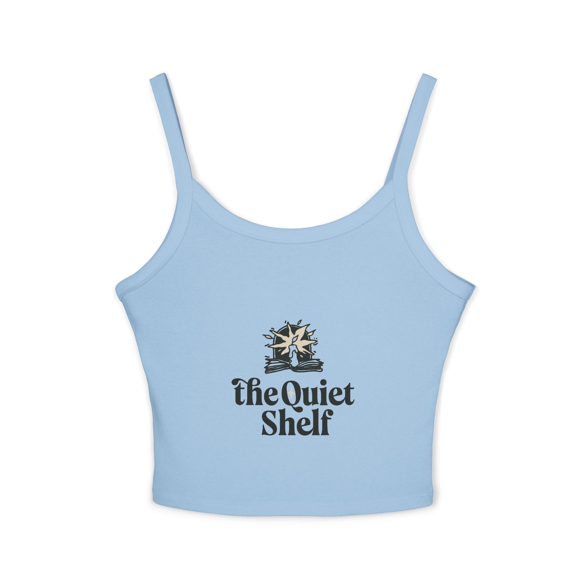 A blue, sleeveless, cropped tank top with 'The Quiet Shelf' logo printed in the center.