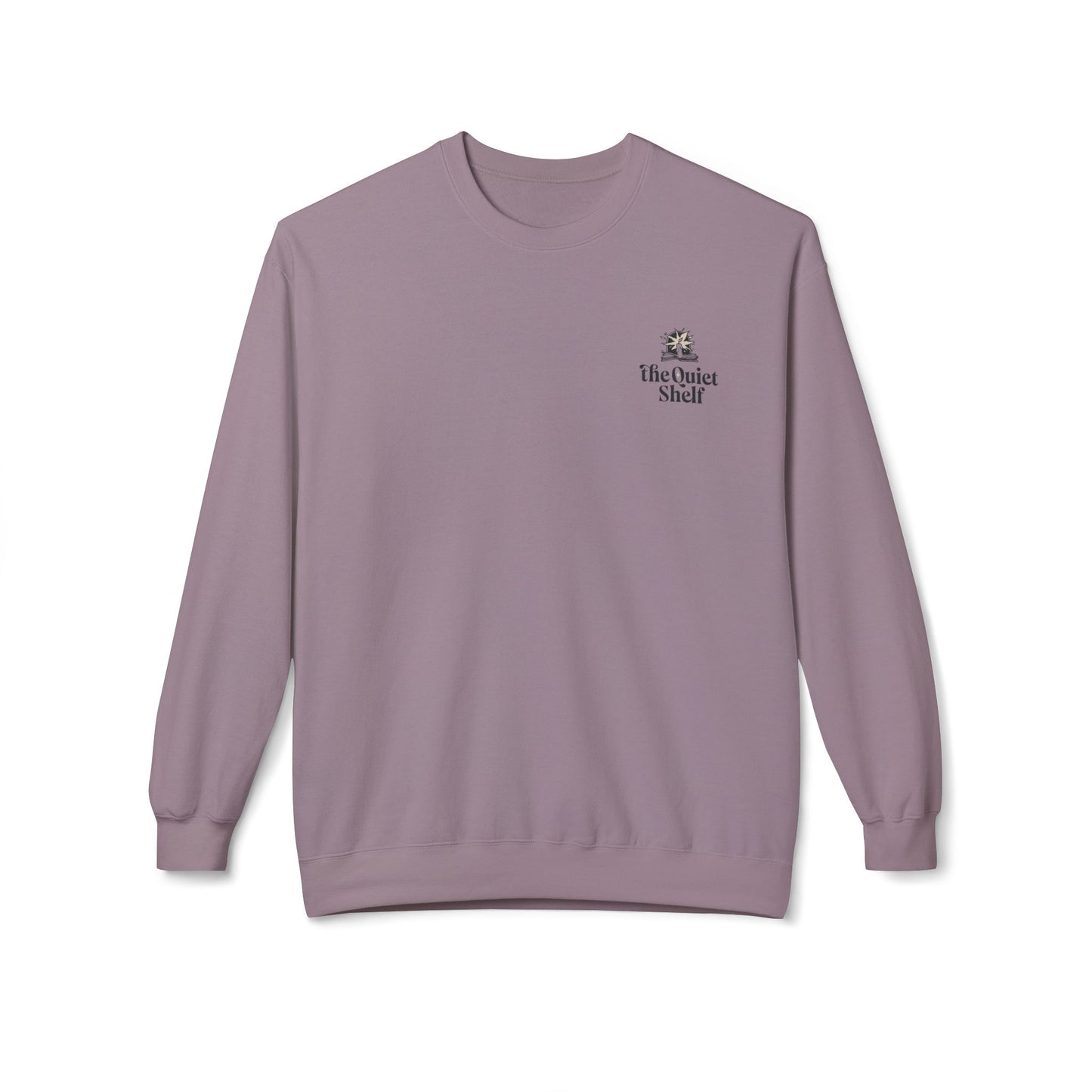 A purple crewneck sweatshirt with 'The Quiet Shelf' logo on the upper left front.