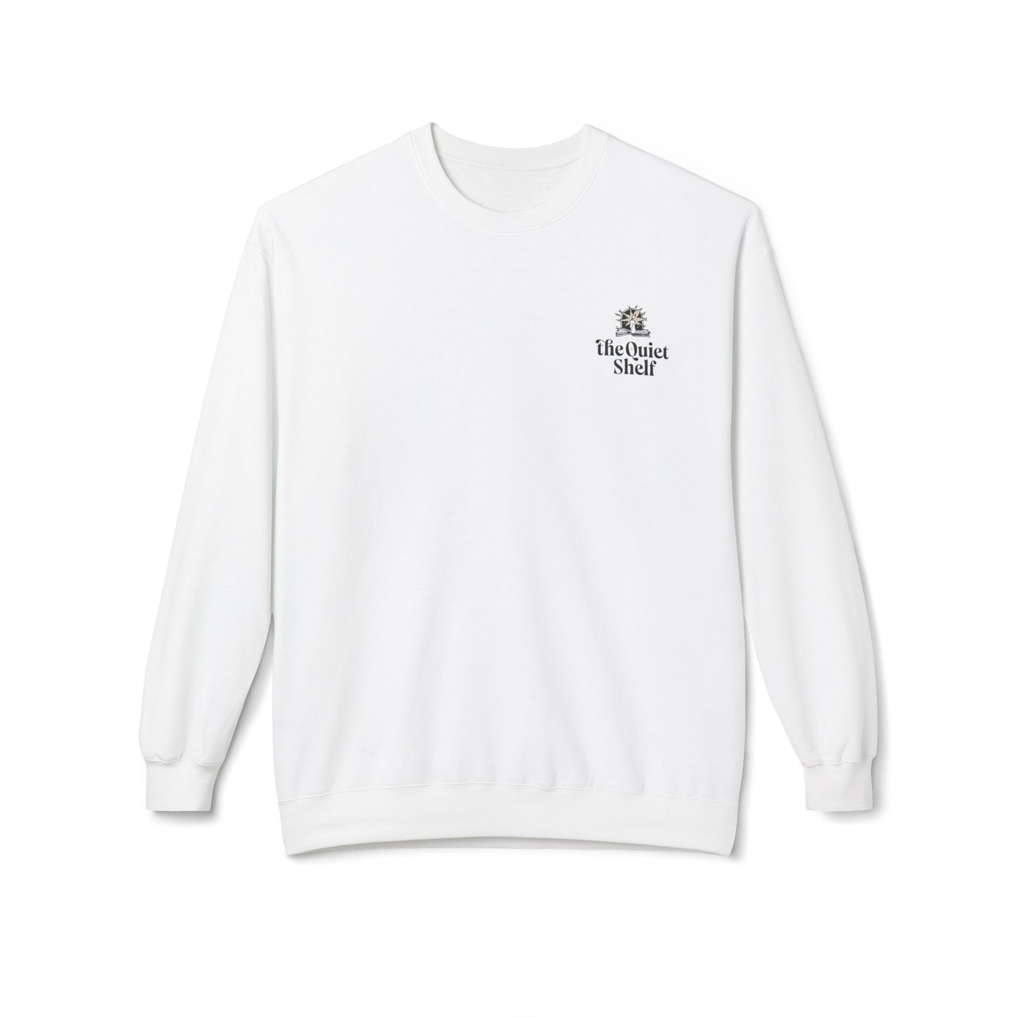 A white crewneck sweatshirt with 'The Quiet Shelf' logo on the upper left front.